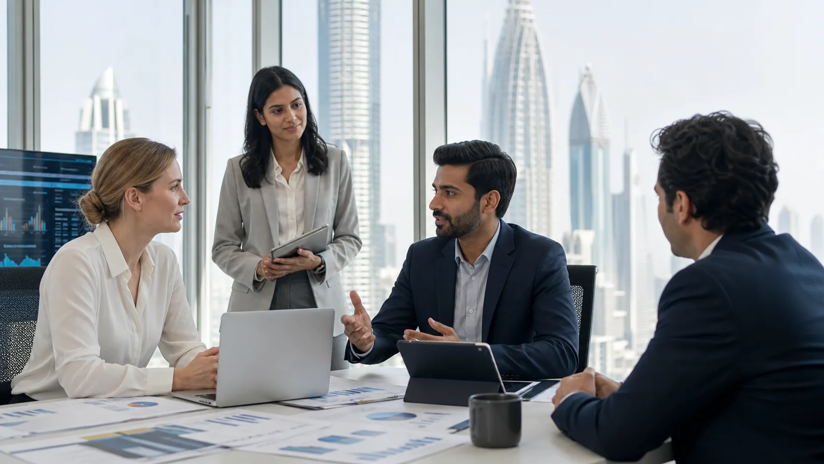 Finance professionals discussing career progression in a modern Dubai office