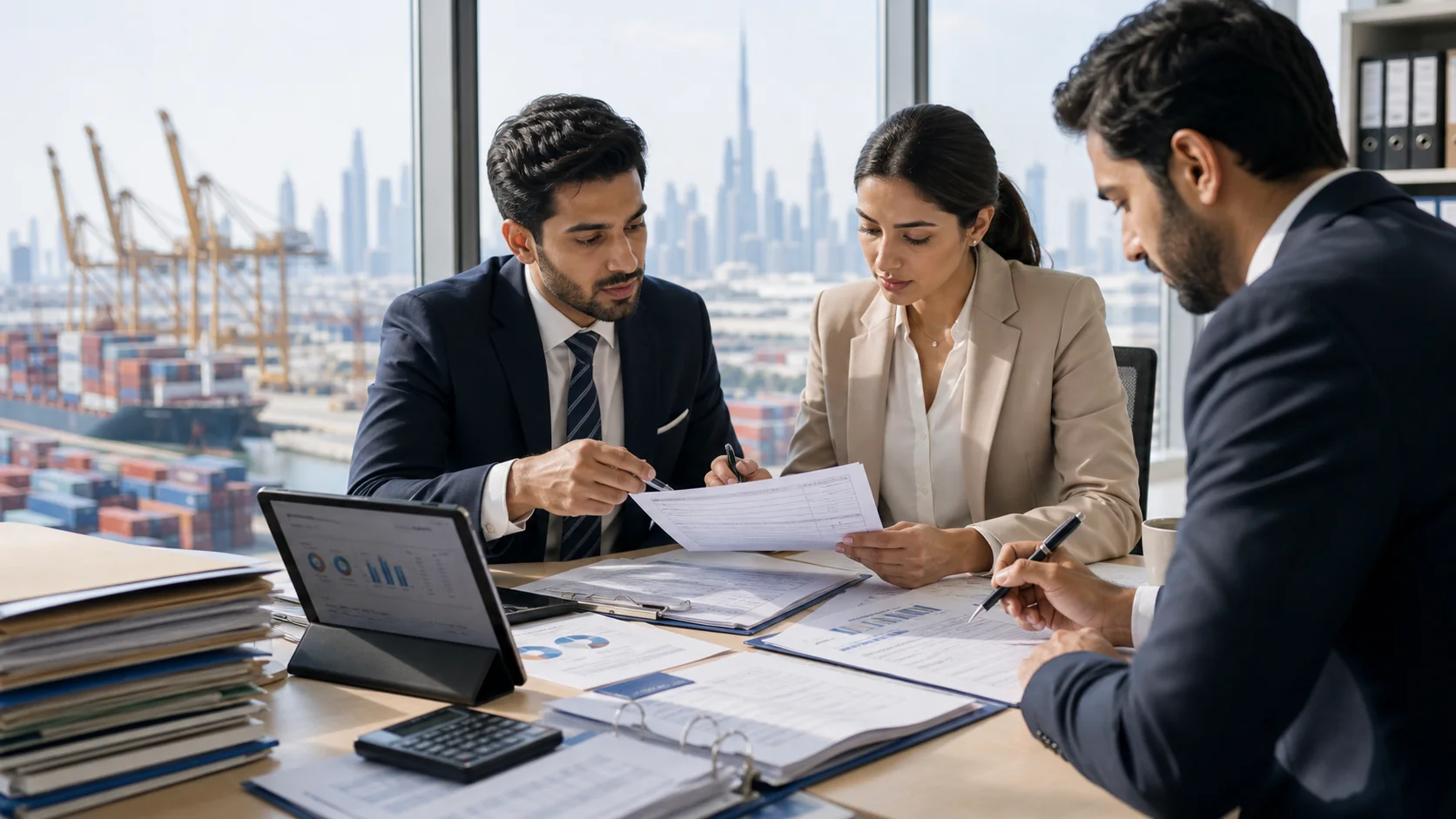 Trade finance professionals in Dubai reviewing export import documents and banking workflows