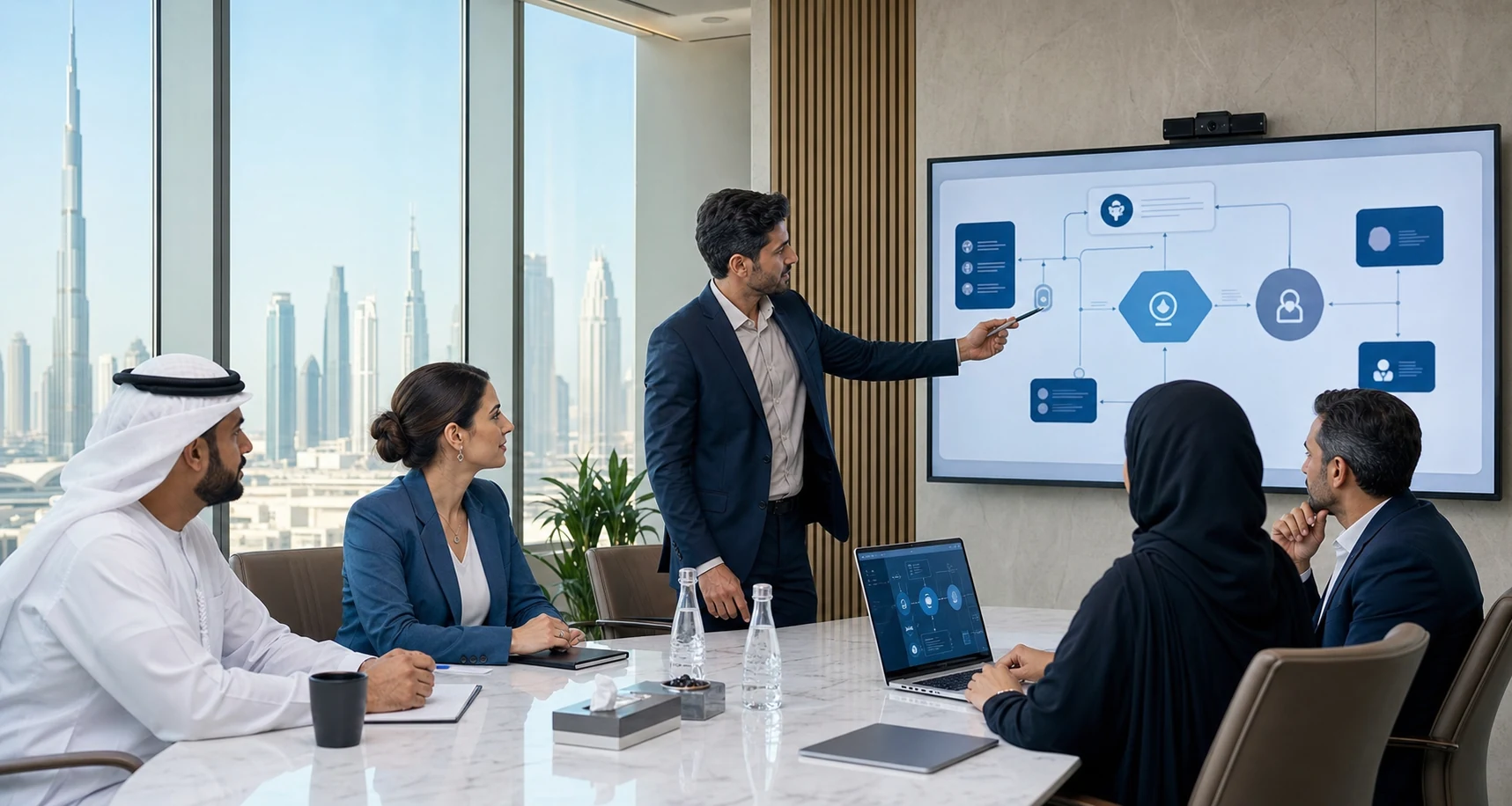 Corporate team reviewing an AI agent prototype in Dubai