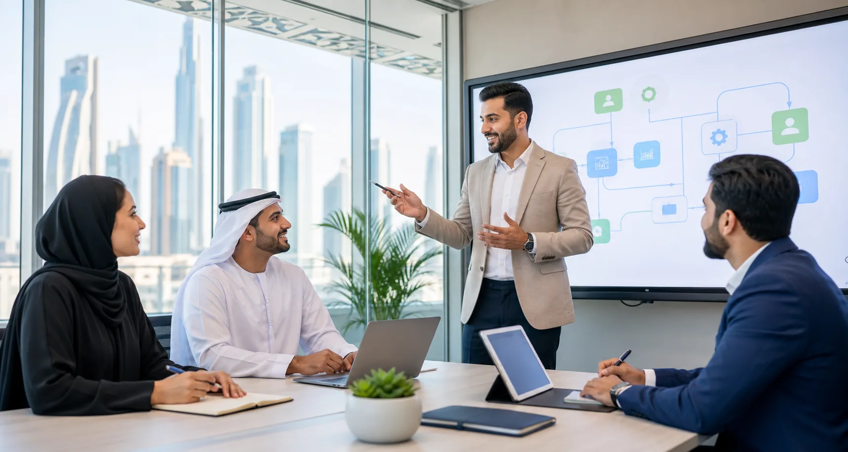 Dubai team reviewing AI automation capstone workflow for business processes