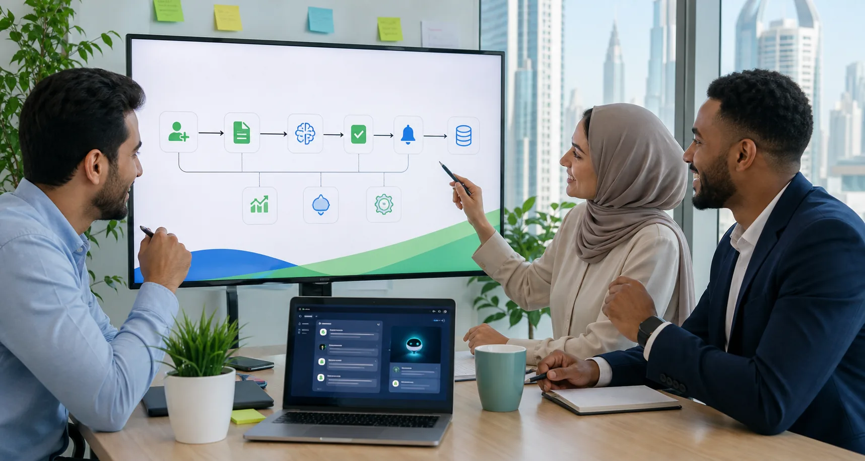 AI automation training room in Dubai with three attendees and instructor