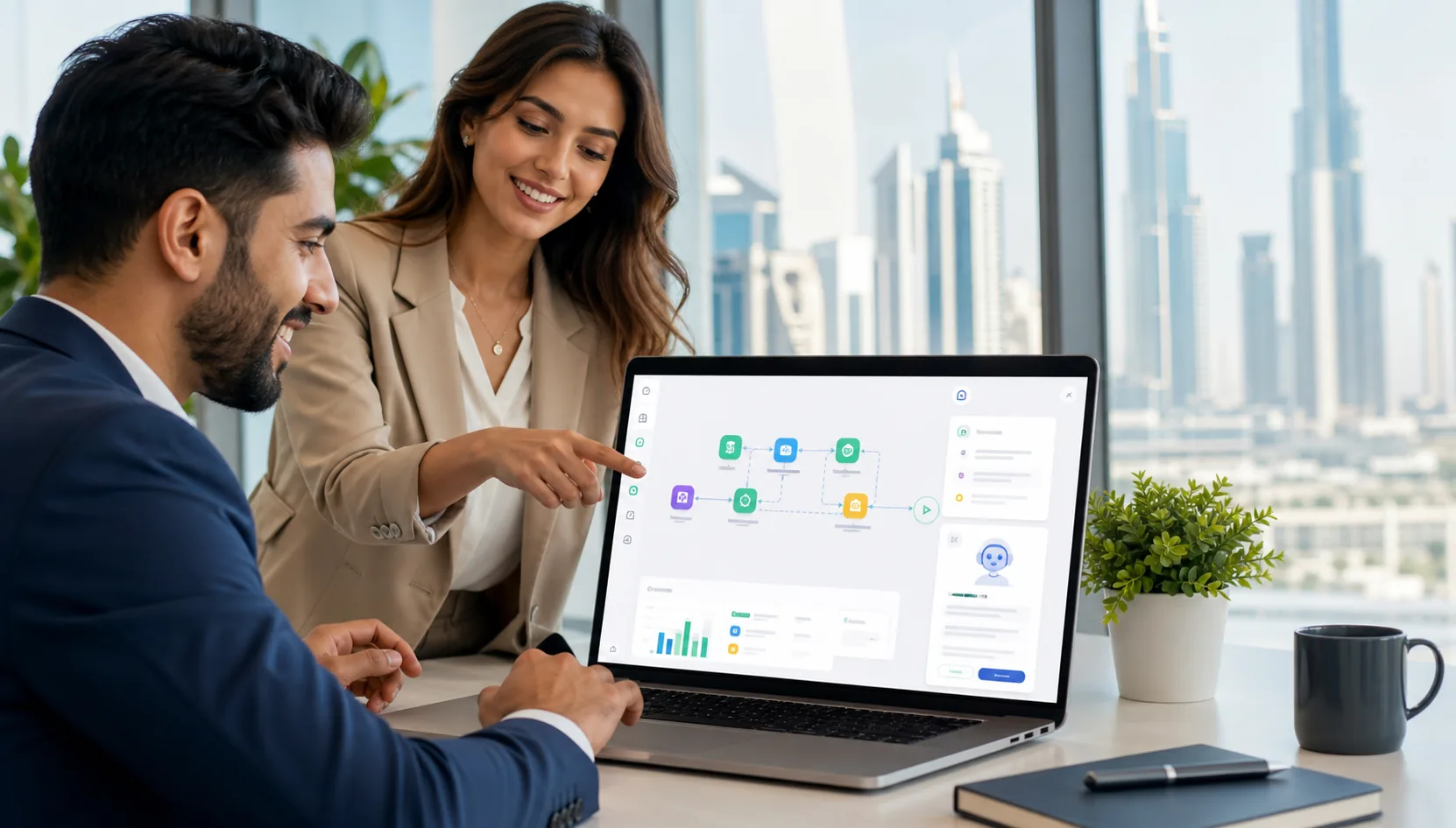 No-code AI workflow automation training with laptop dashboard in Dubai