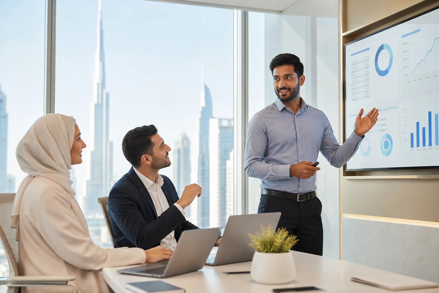 Dubai professional presenting an AI-assisted business insight to colleagues