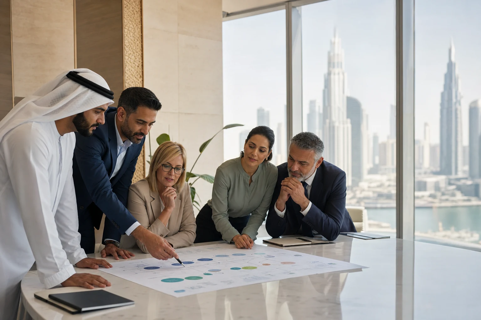 Corporate leaders in Dubai discussing an AI adoption workshop