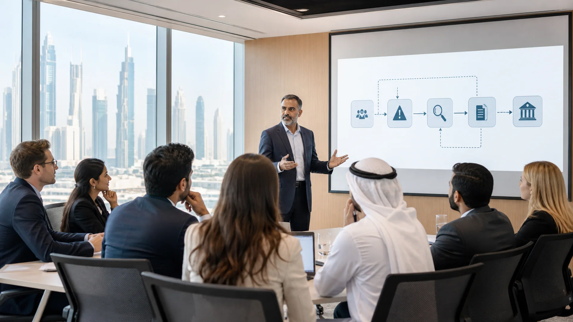 Diverse compliance professionals attending a trainer-led CAMS anti-money-laundering workshop in Dubai