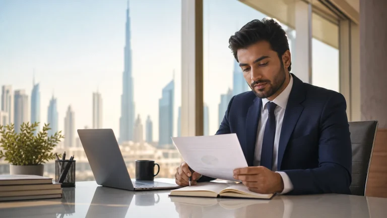 Finance professional planning CFA exam fees and study budget in a daytime Dubai office