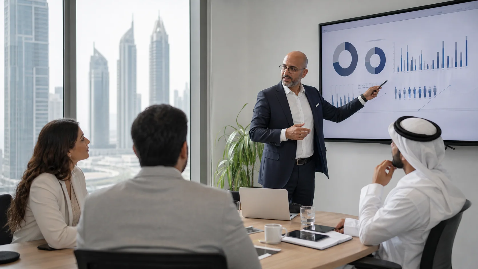 HR manager leading a workforce planning and people strategy discussion in a Dubai office