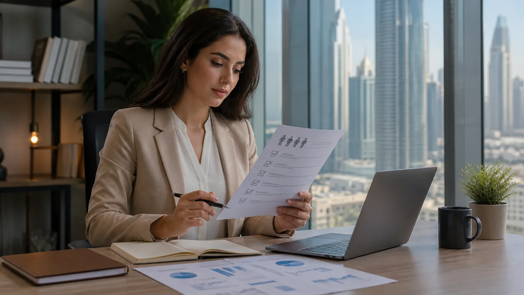 HR professional studying CHRP materials in a Dubai office