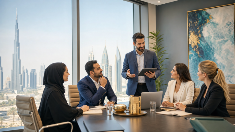 HR professionals in a Dubai training-room setting discussing career progression and HR certification options
