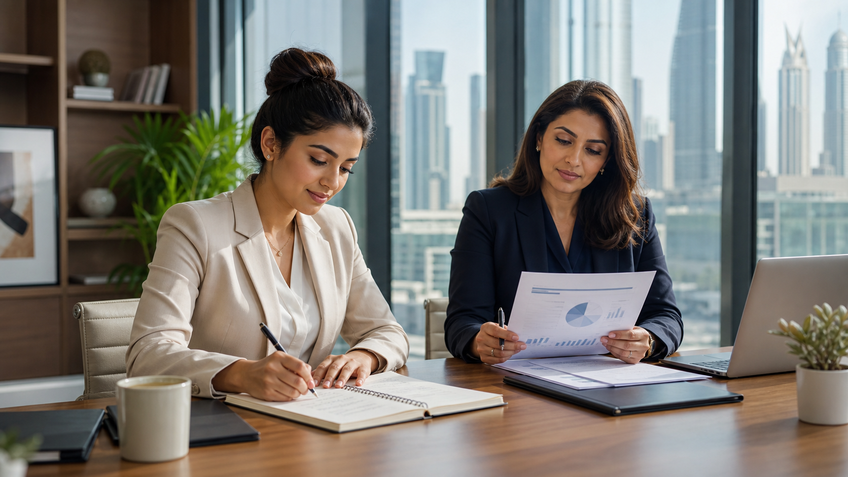 Two HR professionals in Dubai reviewing notes and HR performance reports during a career progression discussion