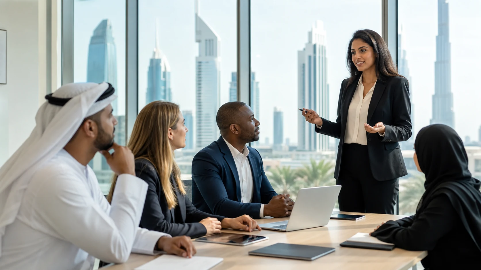 Internal audit professional presenting assurance findings to a Dubai leadership team