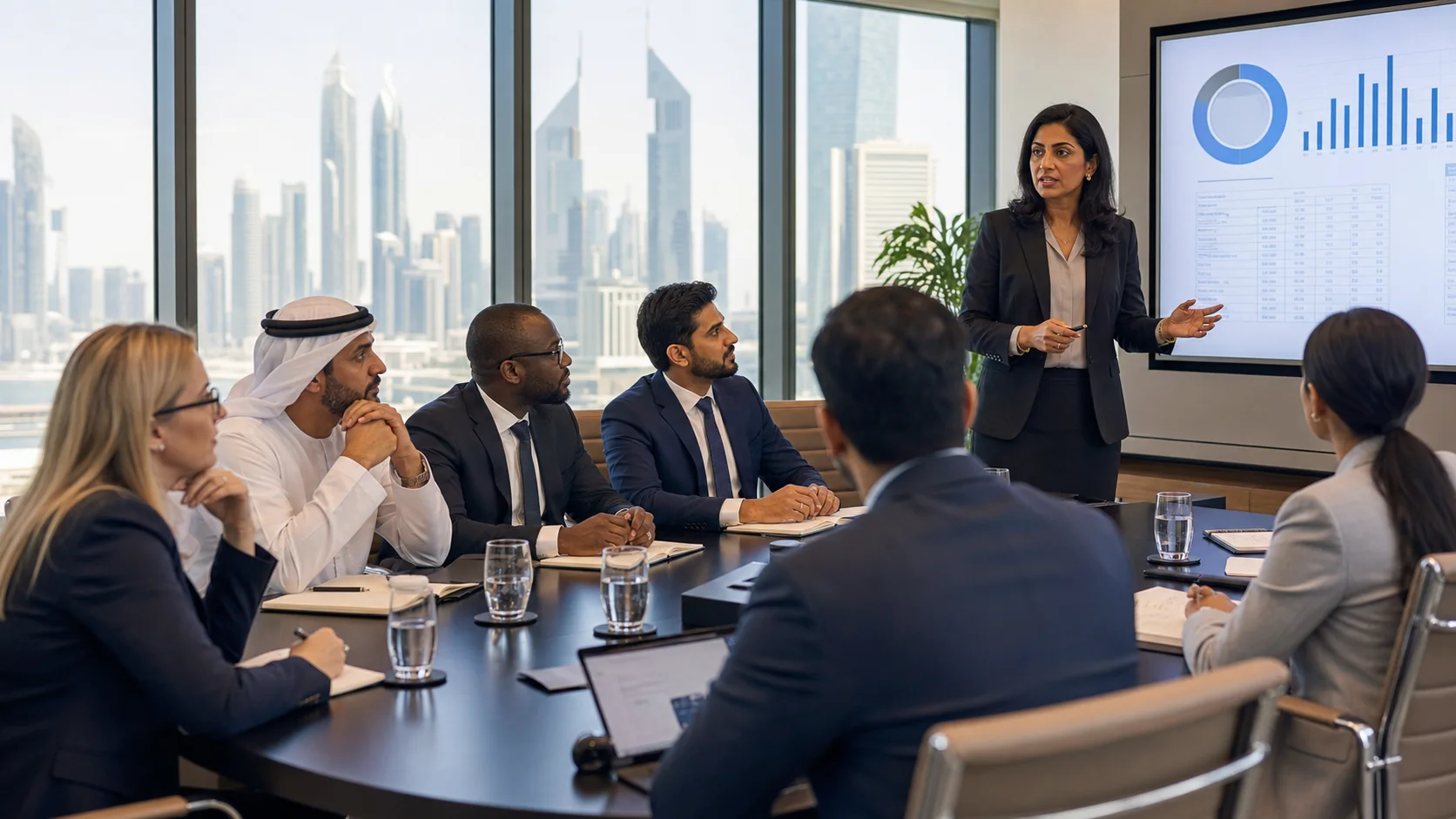 Senior auditor presenting assurance findings to a diverse leadership team in a Dubai office