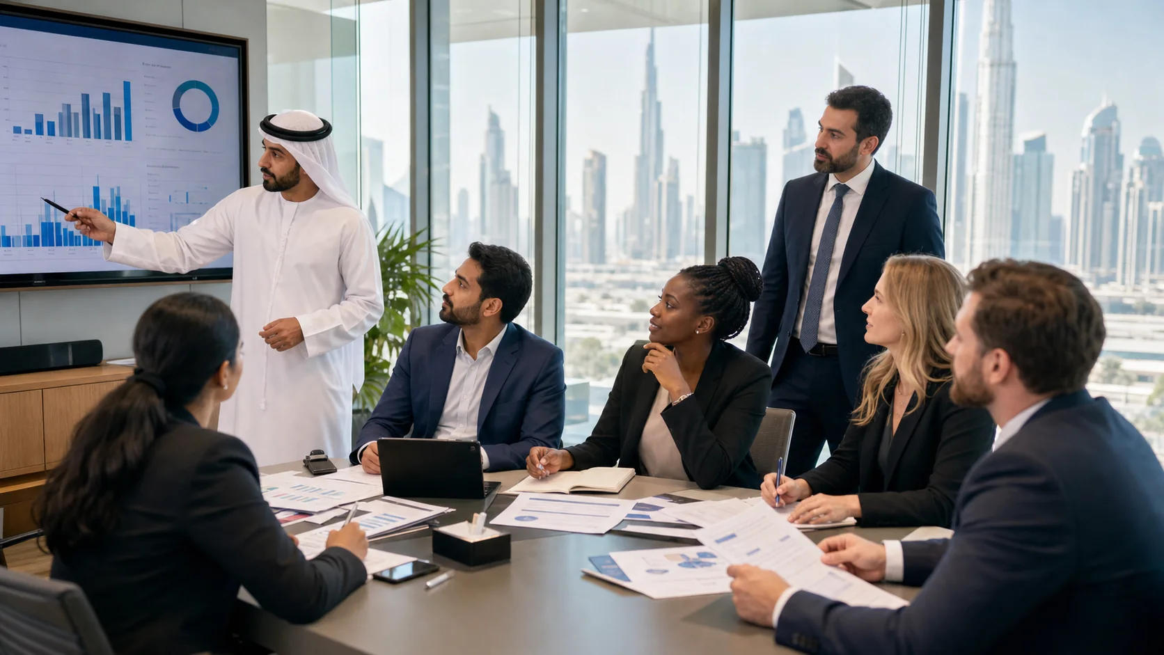 Diverse internal audit professionals reviewing risk and control work in a Dubai CIA course workshop