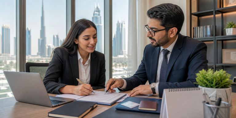 Dubai professional reviewing CIA eligibility requirements with a mentor in a bright office