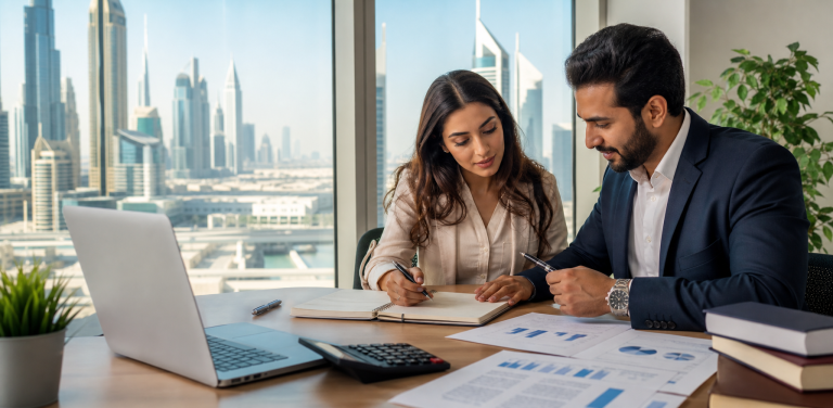 Professionals planning CIA course fees in Dubai with study notes and budget documents in a bright office
