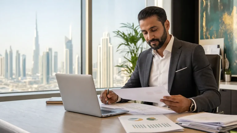 Procurement professional reviewing a CIPS Level 4 budget in a daylight Dubai office