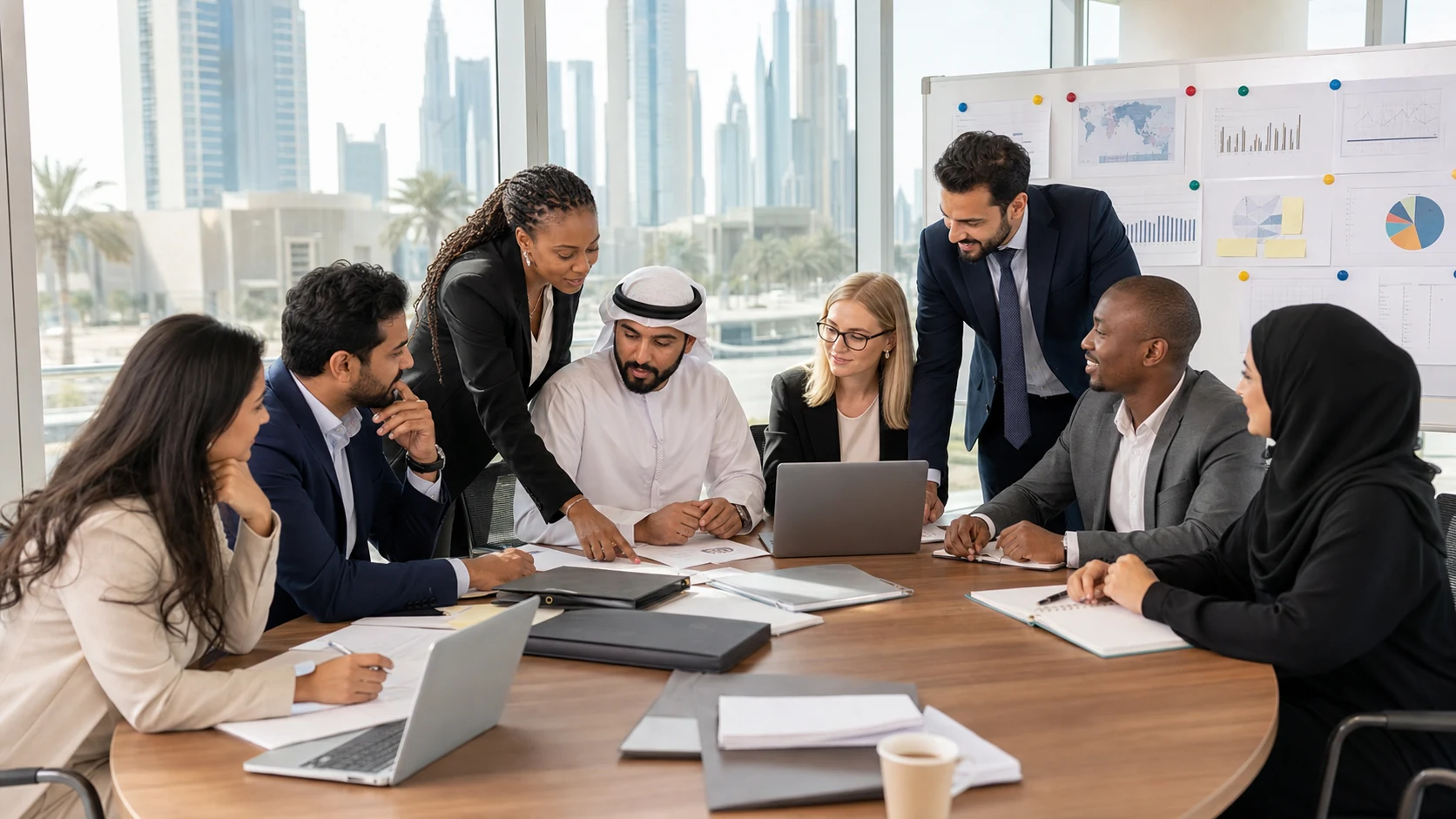 Diverse procurement professionals working together during a CIPS Level 4 training workshop in Dubai