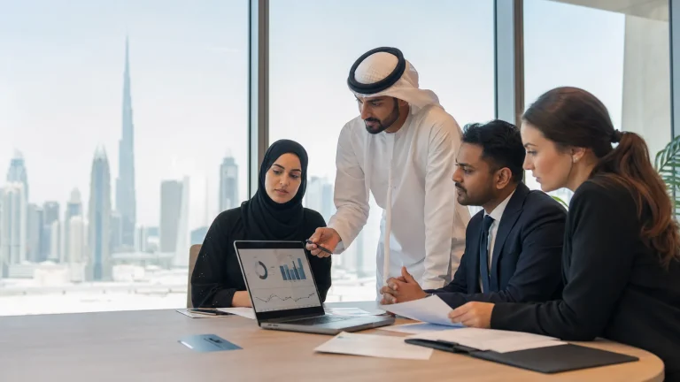 Procurement professionals reviewing a supplier spend dashboard in a bright Dubai office
