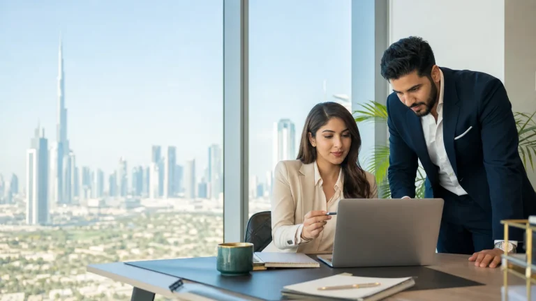 Procurement professionals reviewing a supplier spend dashboard in a daylight Dubai office