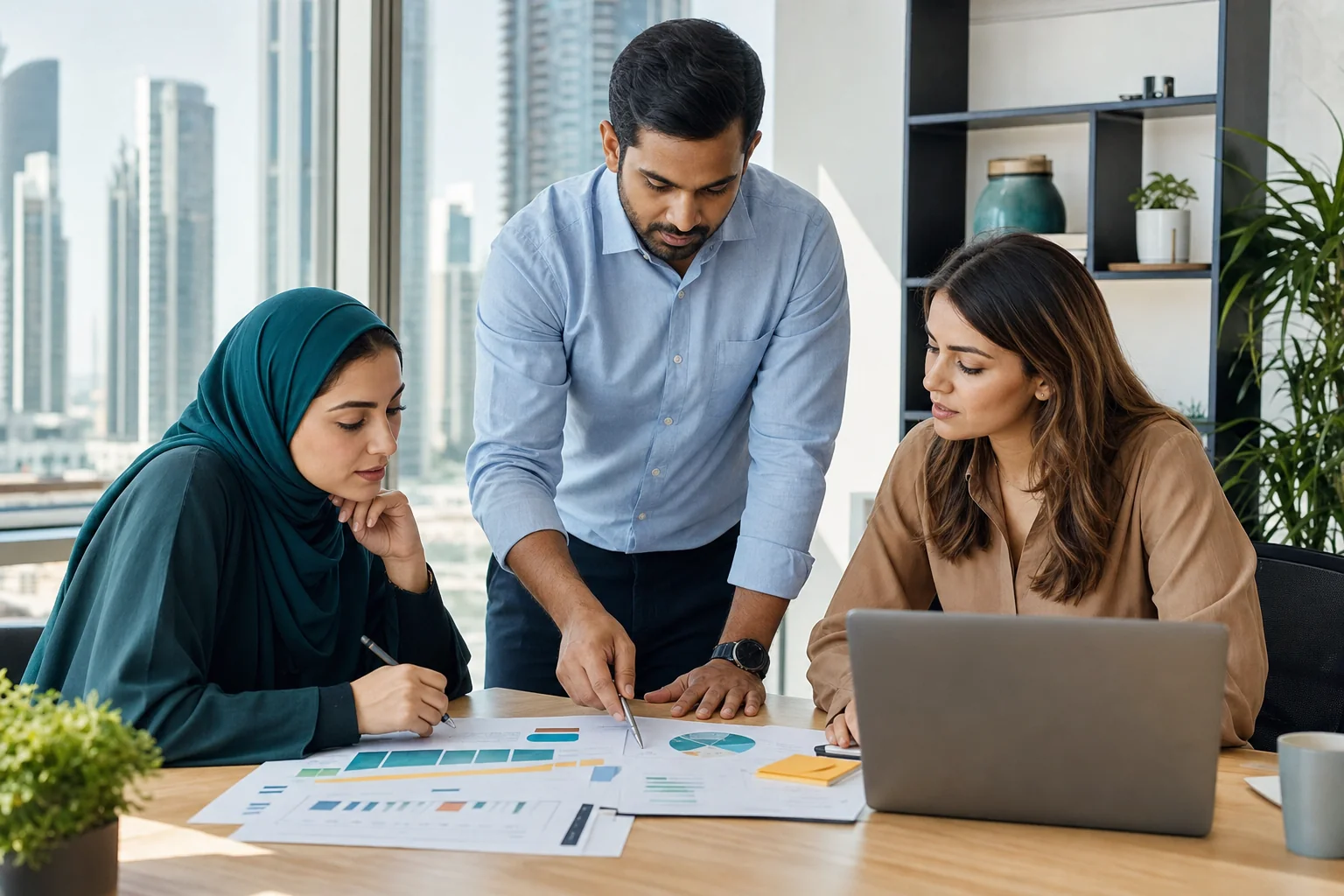 Procurement team comparing supplier options and cost plans in a Dubai office