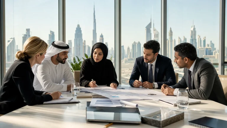 Diverse procurement professionals reviewing supplier proposals in a bright Dubai office