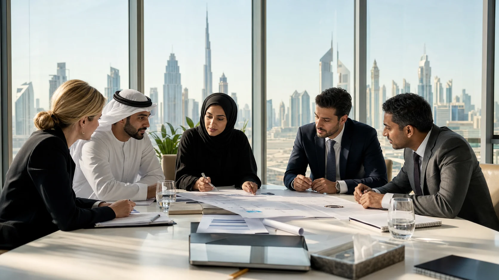 Diverse procurement professionals reviewing supplier proposals in a bright Dubai office