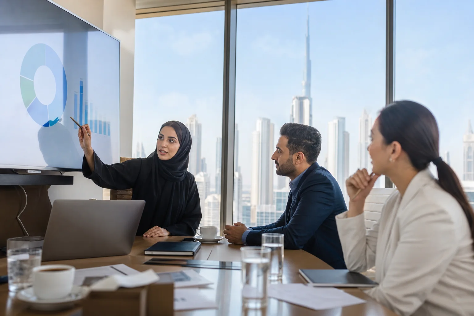 Procurement team reviewing supplier options in a daylight Dubai office