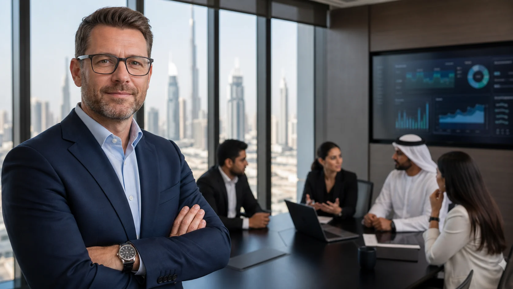 Senior cybersecurity leader discussing security strategy in a Dubai office