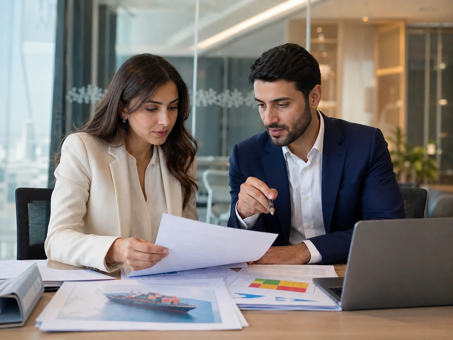 Trade finance professionals reviewing shipping documents and payment risk