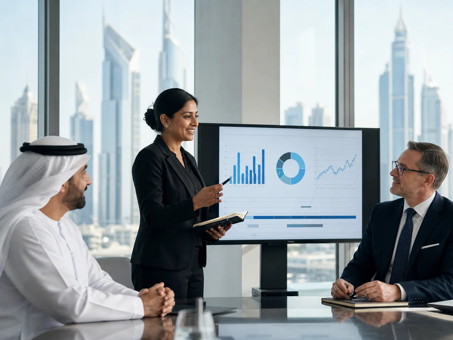 Finance professional presenting management performance analysis in a Dubai office