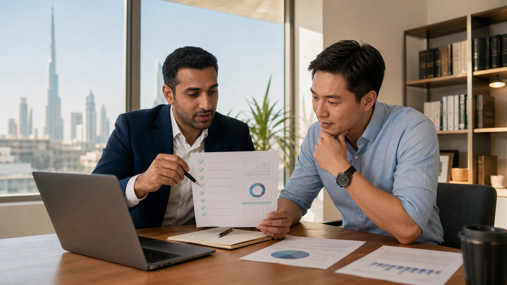 CMA mentor and learner reviewing a study route checklist in Dubai