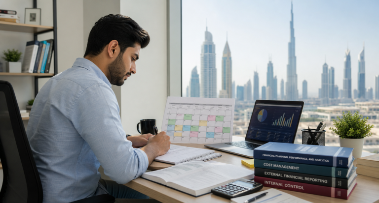 Finance professional following a 60-day CMA Part 1 study plan in a Dubai office