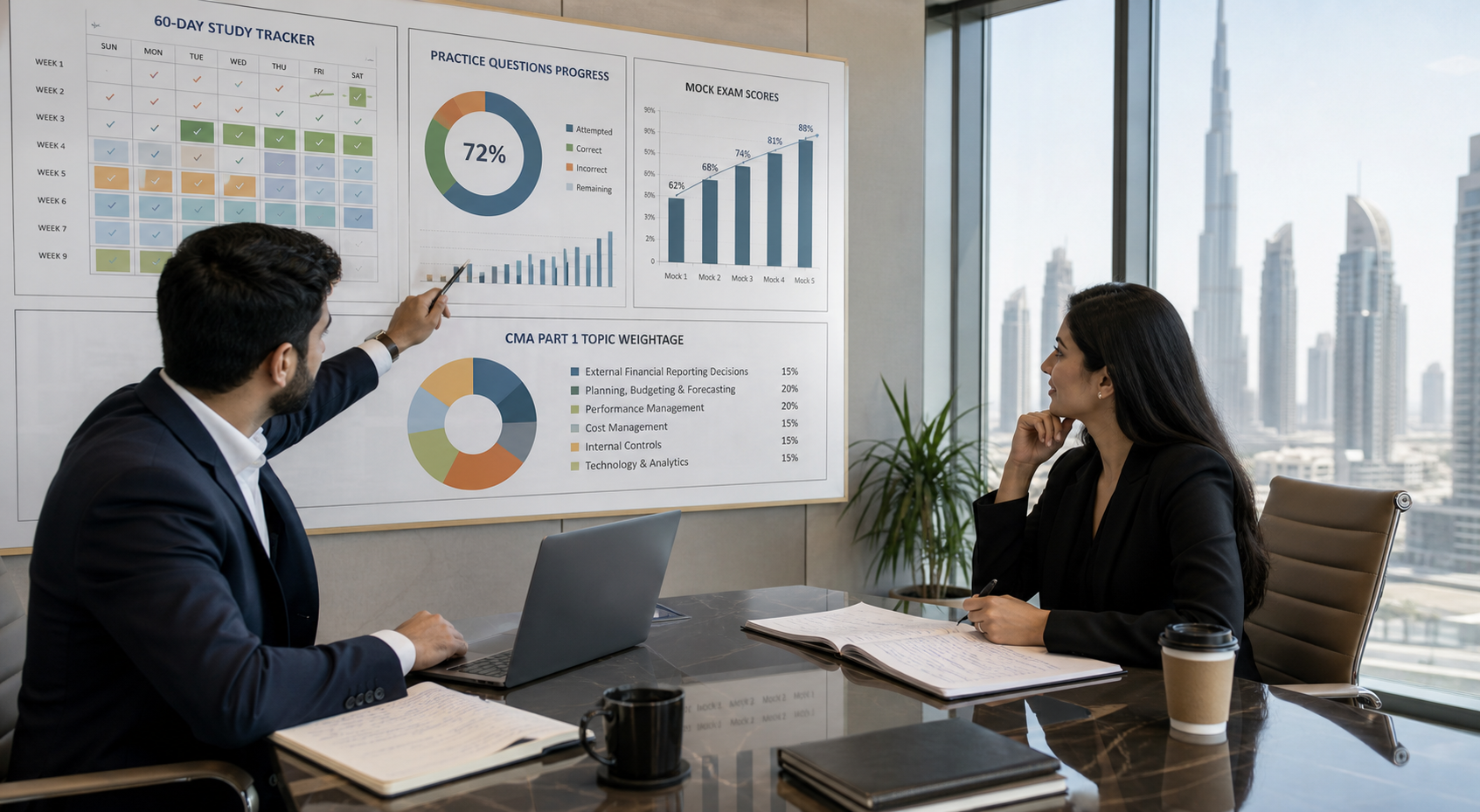 Professionals reviewing a 60-day CMA Part 1 study tracker and mock exam progress in Dubai