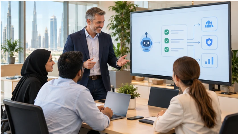 Corporate team reviewing Microsoft Copilot Studio governance and deployment in Dubai