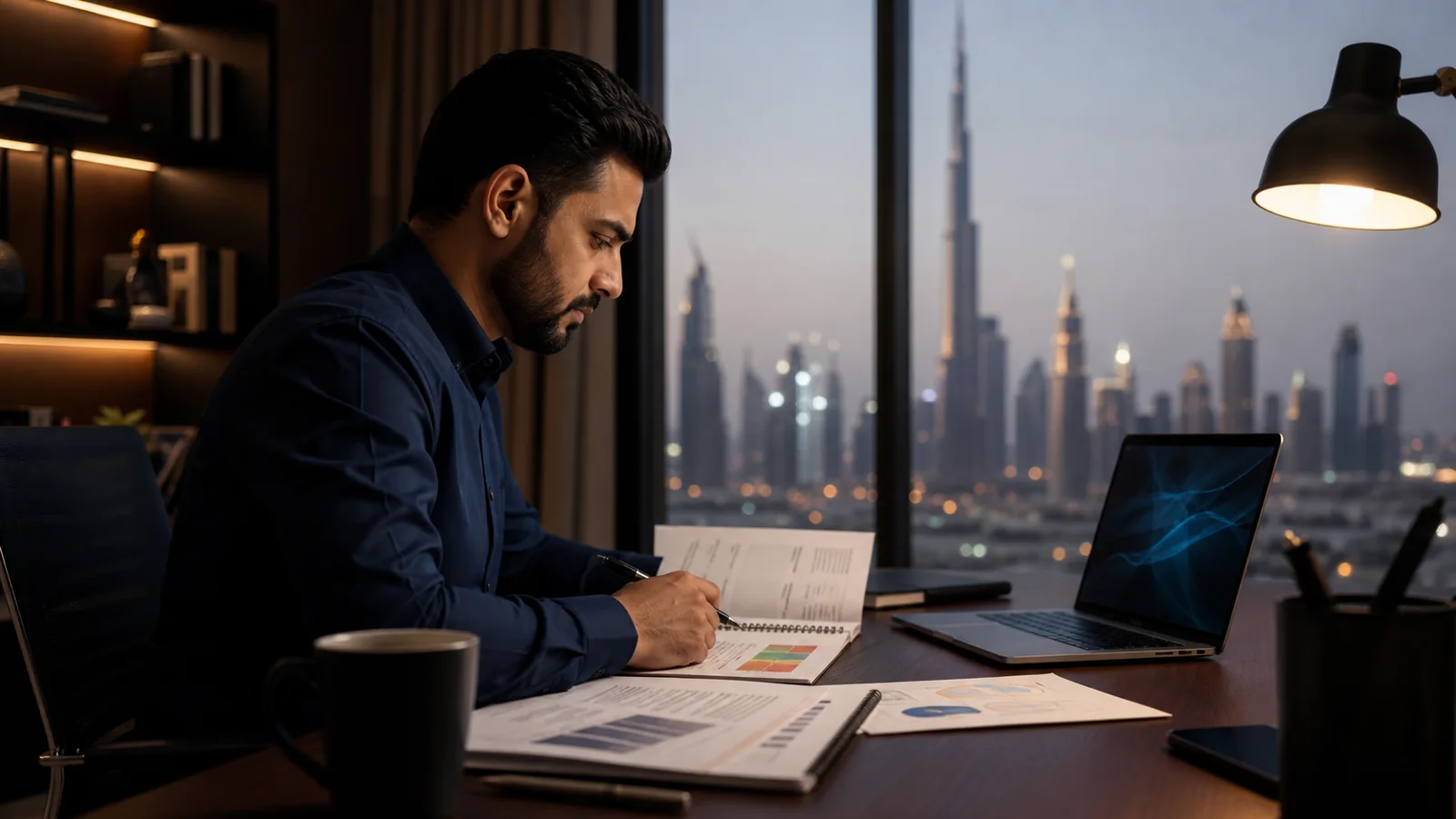 Professional preparing CRISC technology-risk study materials in Dubai
