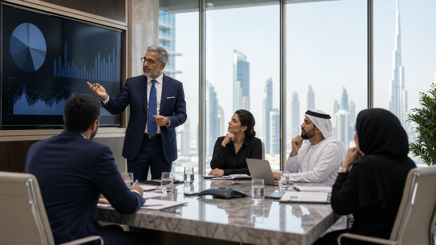 Finance professional presenting a strategic recommendation to a team in Dubai