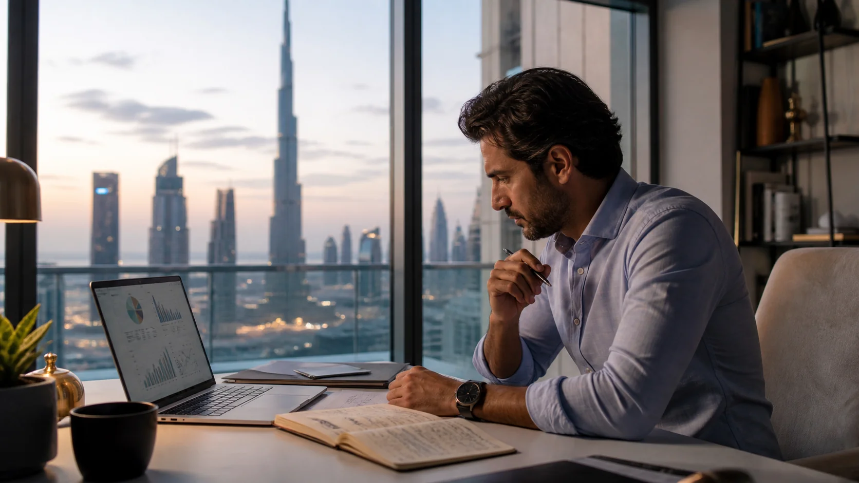 Finance professional studying strategic analysis material in Dubai