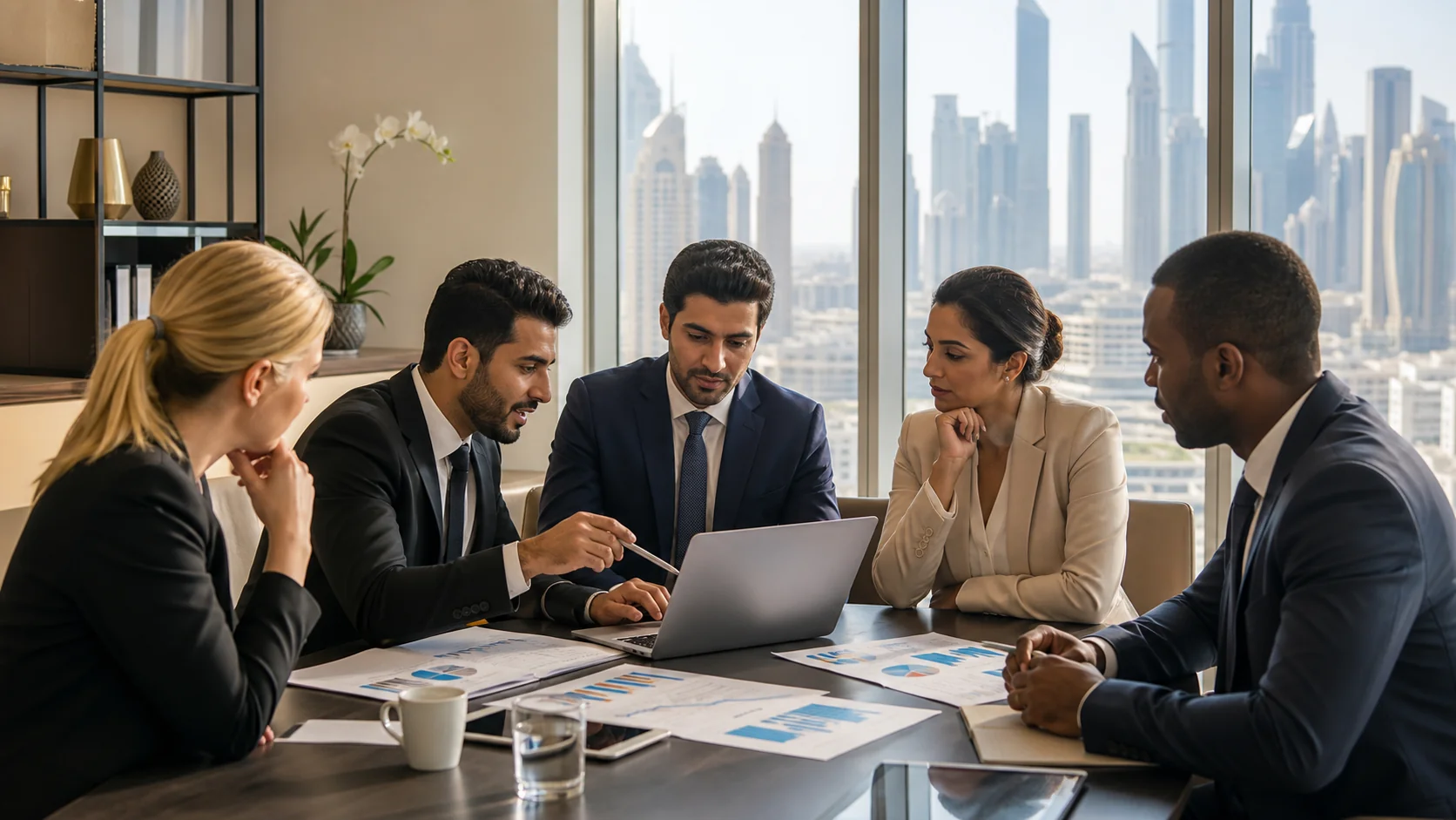 Finance professionals in Dubai discussing competitive strategy in a workshop