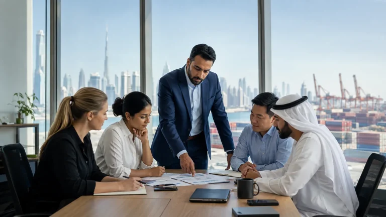 Supply chain professionals collaborating in a bright Dubai operations office
