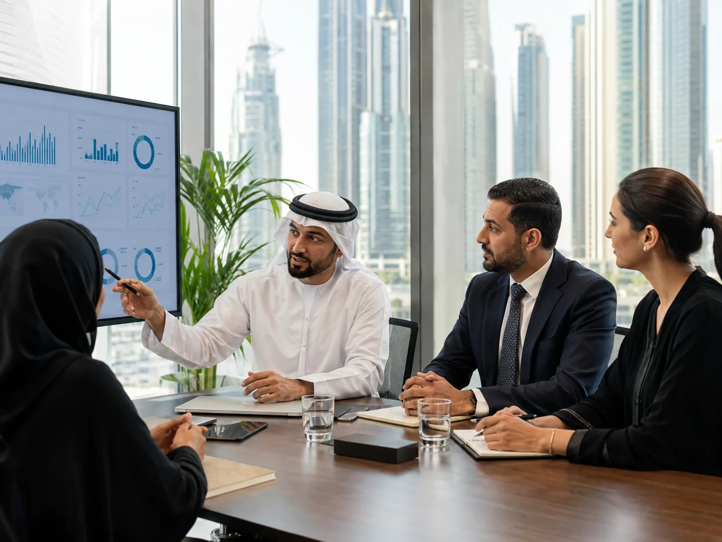 Procurement and logistics professionals discussing supplier performance in Dubai