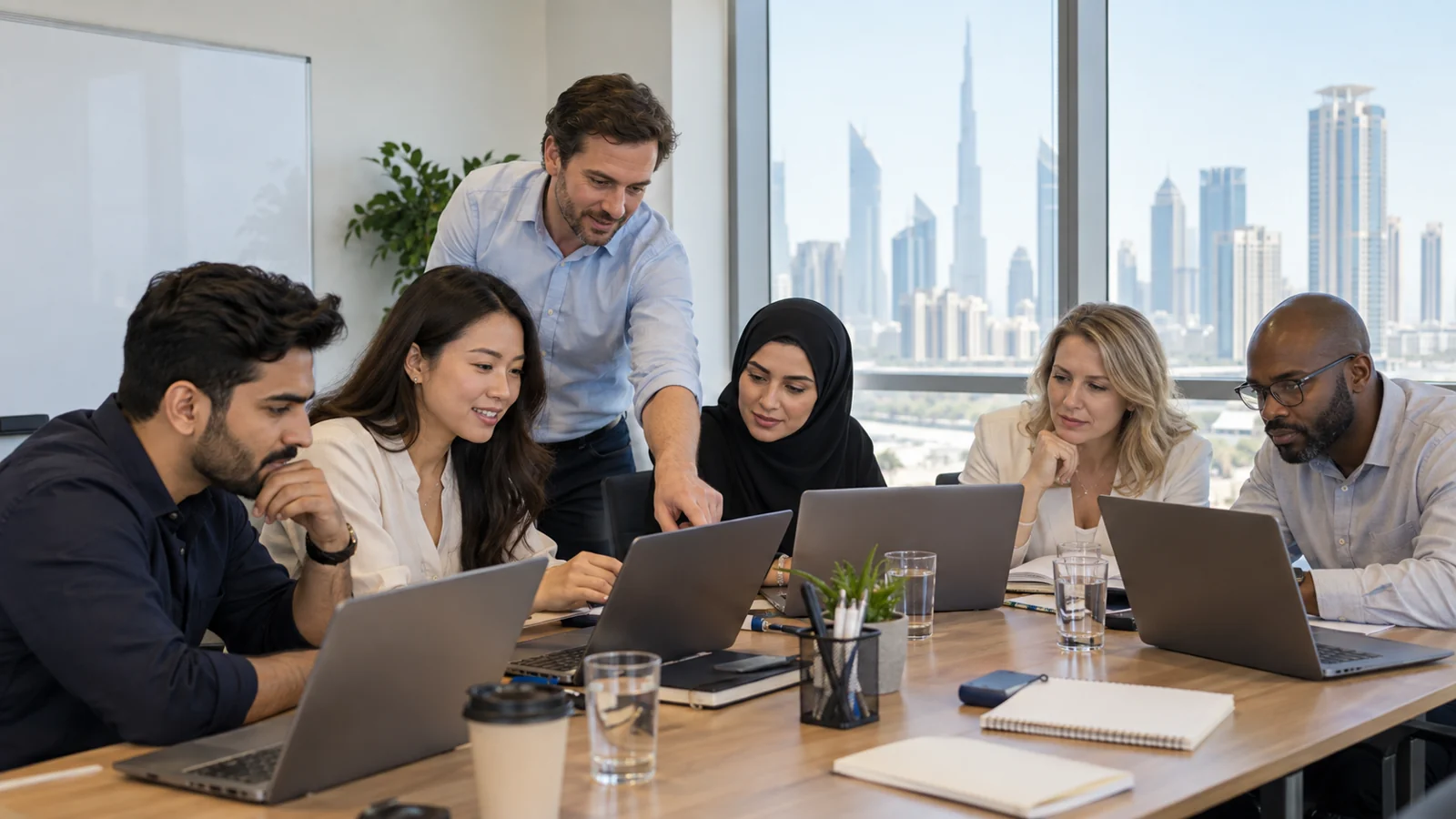 Illustrative Dubai AI workshop with a diverse professional team