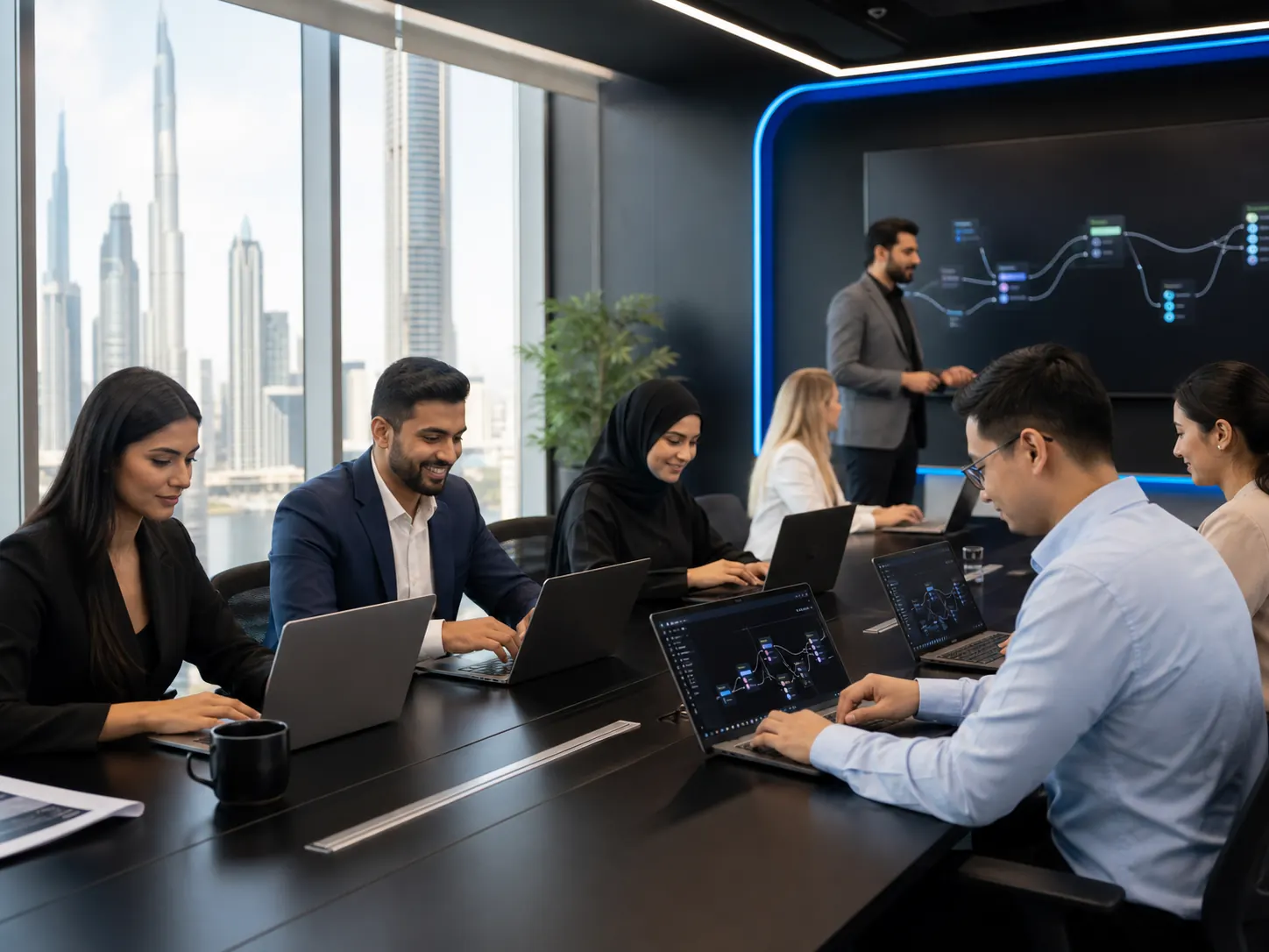 Business team building AI automation workflows in a Dubai training room