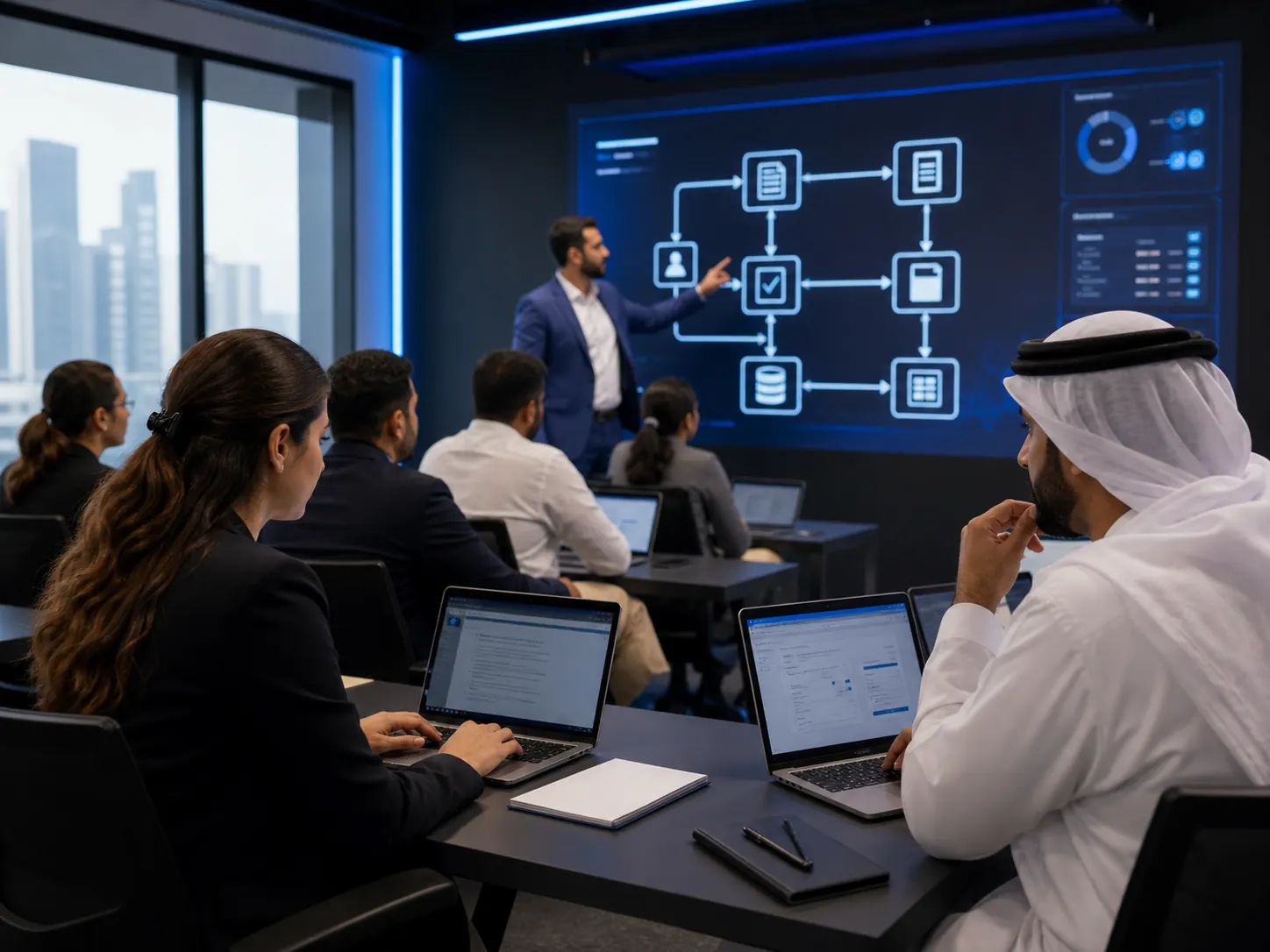 Internal auditors learning AI workflows in a Dubai training room