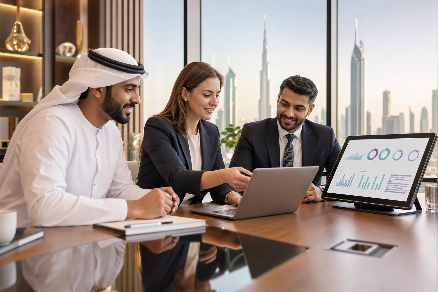 Dubai professionals reviewing an AI-assisted Excel analysis and dashboard