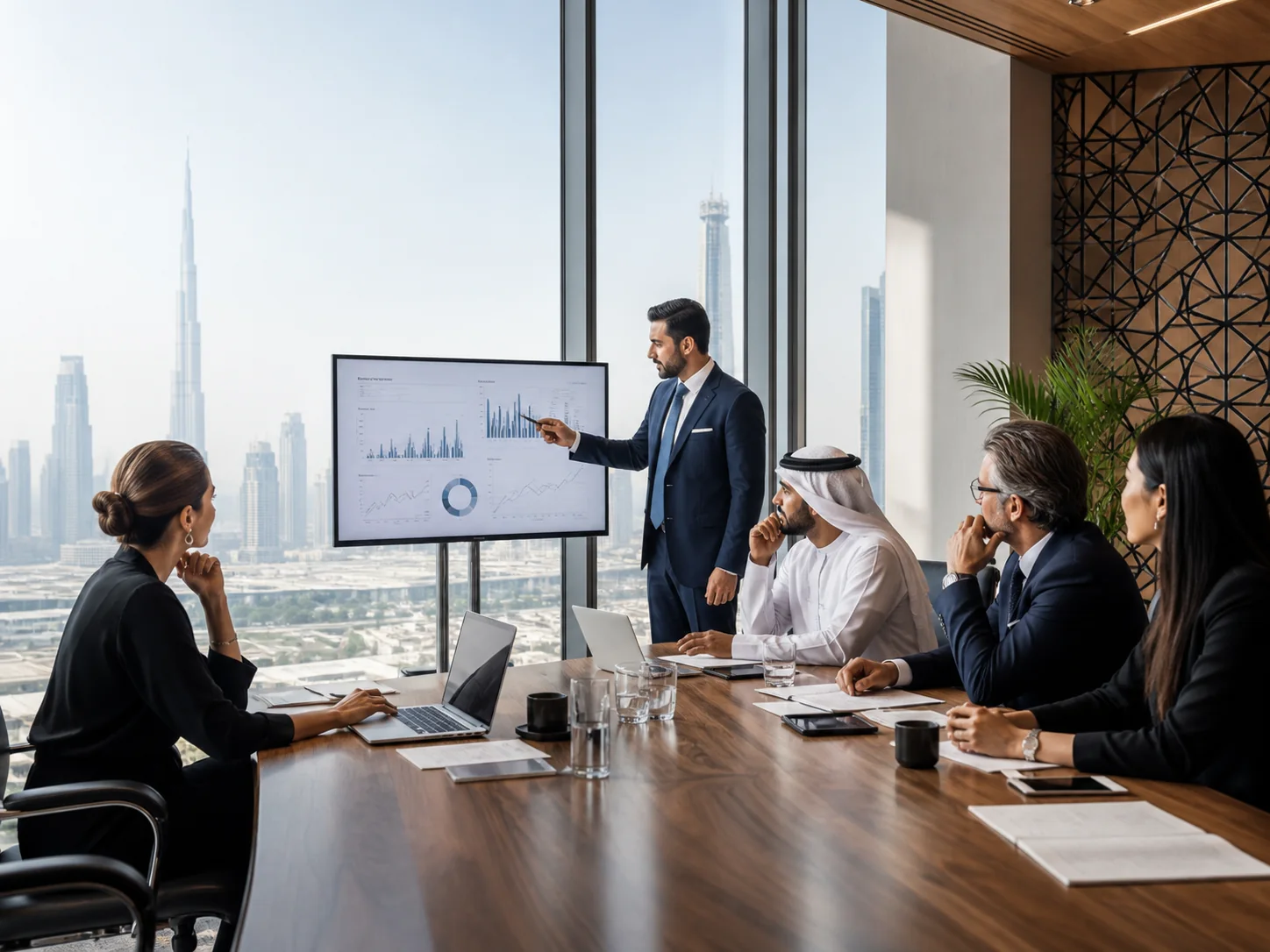 Dubai finance team reviewing an investment decision model