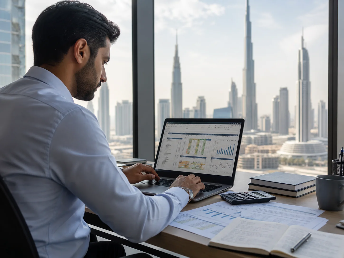 Finance professional building a financial model in a Dubai office