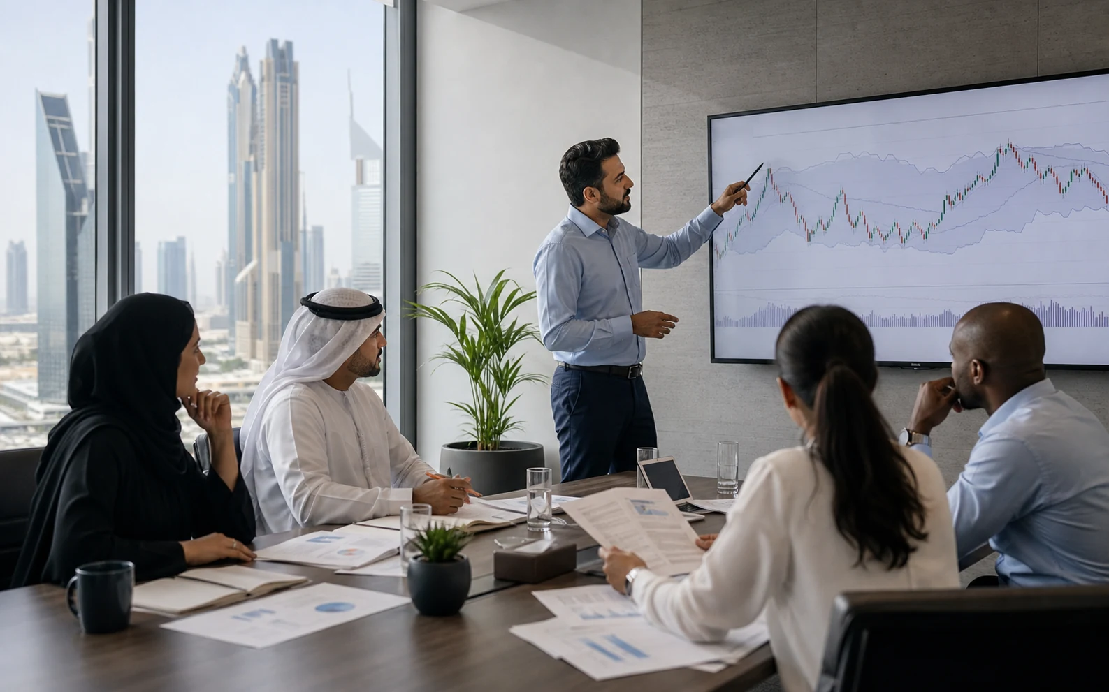 Finance professionals discussing a currency-volatility case in Dubai