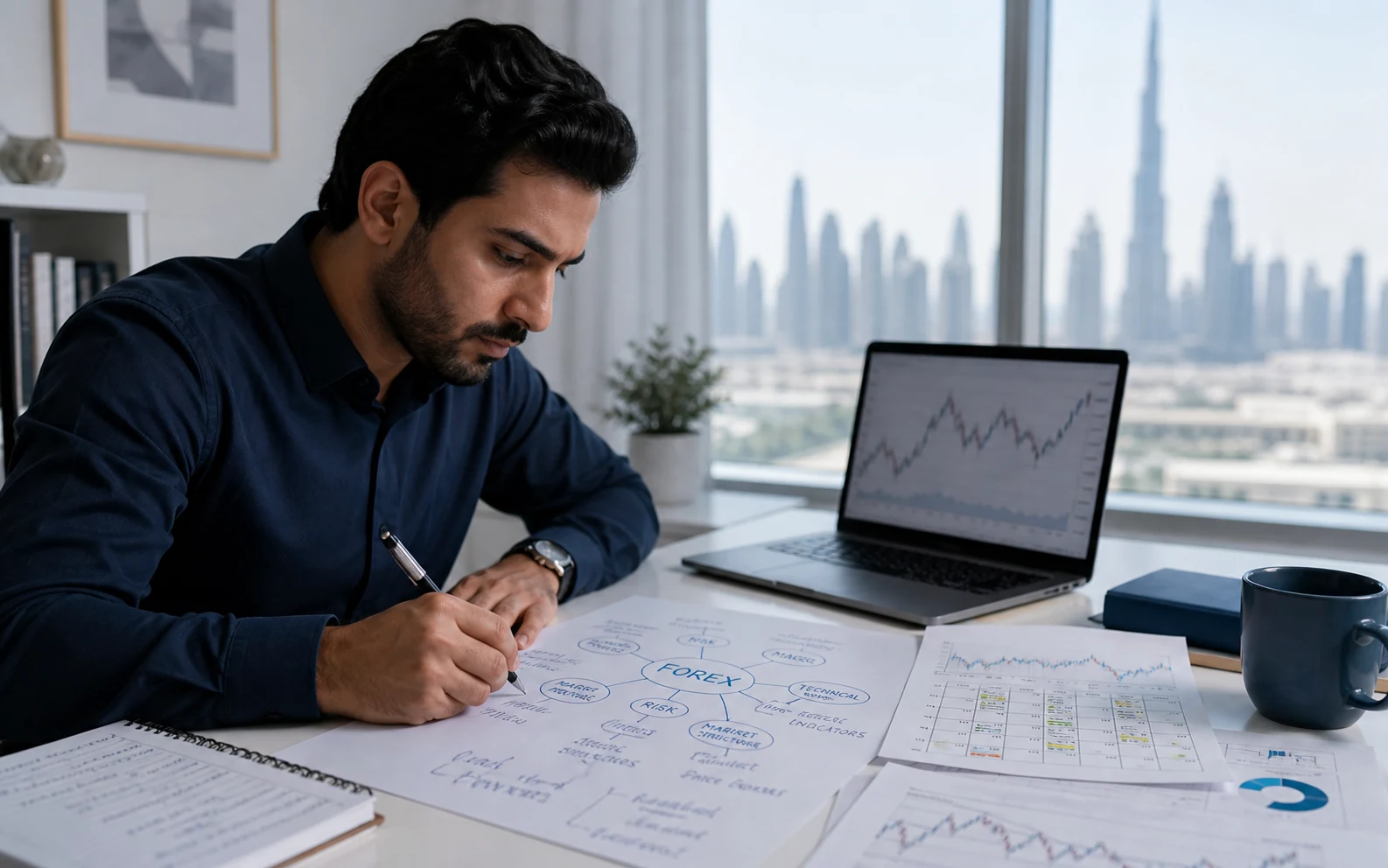 Professional learner studying Forex market notes in Dubai