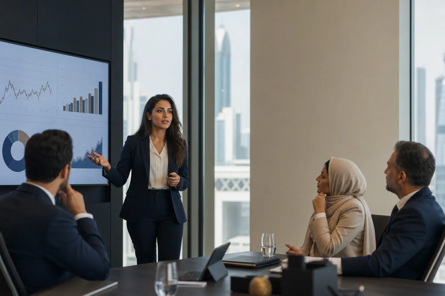 Financial risk professional presenting a risk scenario in Dubai