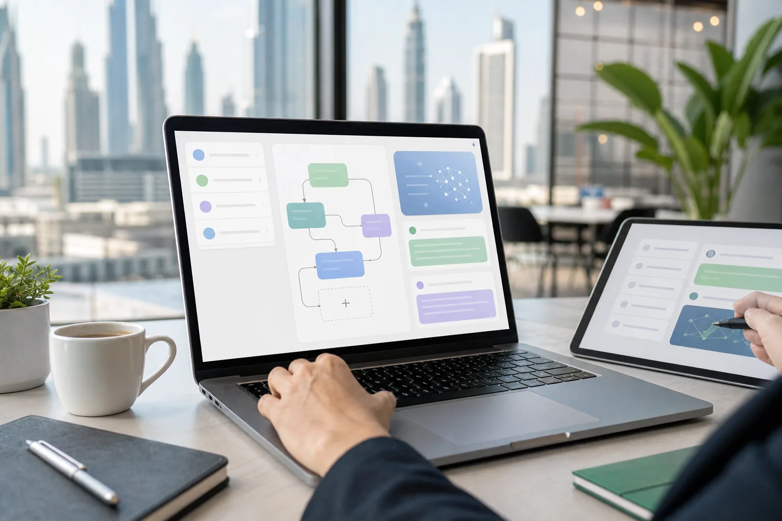 Prompt engineering workflow on laptop for business productivity training in Dubai